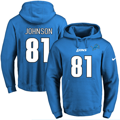 Nike Lions #81 Calvin Johnson Blue Name & Number Pullover NFL Hoodie